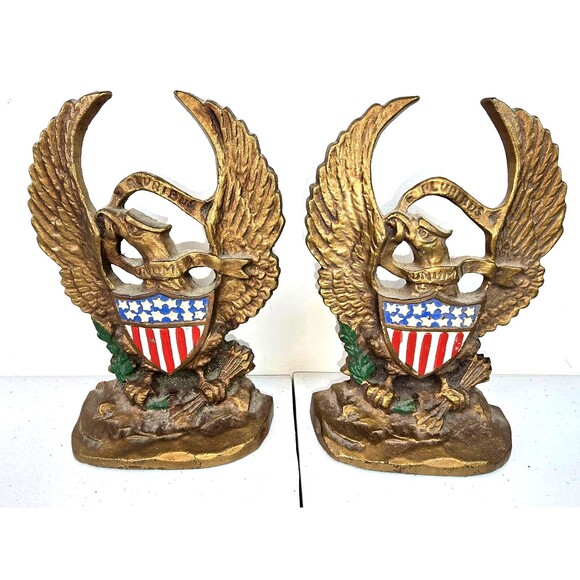 Vintage Cast Iron Eagle Gold Enamel Bookends #665 E Pluribus Unum Brass Flag - Picture 1 of 9
